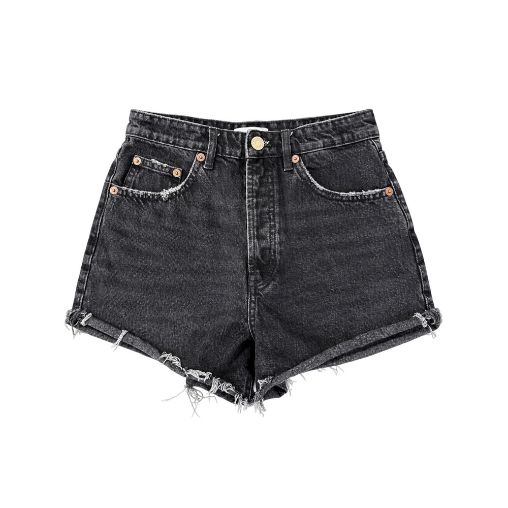Zara Womens 6 Black Denim Shorts High Rise Button Fly Distressed Raw Hem Cutoff